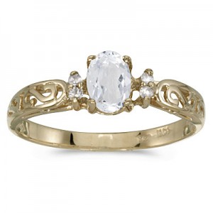 14k Yellow Gold Oval White Topaz And Diamond Filagree Ring