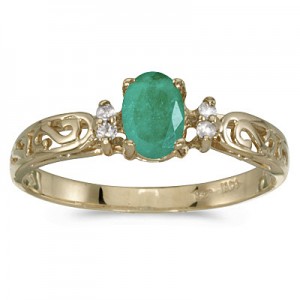 14k Yellow Gold Oval Emerald And Diamond Filagree Ring