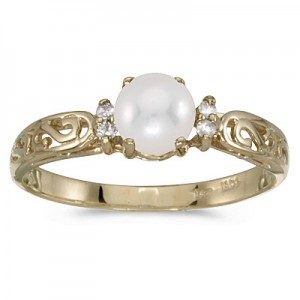 14k Yellow Gold Pearl And Diamond Filagree Ring