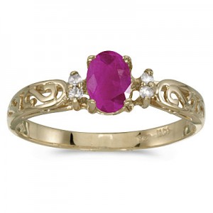 14k Yellow Gold Oval Ruby And Diamond Filagree Ring