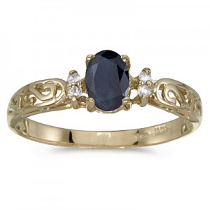 14k Yellow Gold Oval Sapphire And Diamond Filagree Ring