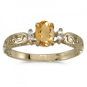 14k Yellow Gold Oval Citrine And Diamond Filagree Ring