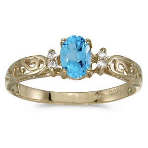 14k Yellow Gold Oval Blue Topaz And Diamond Filagree Ring