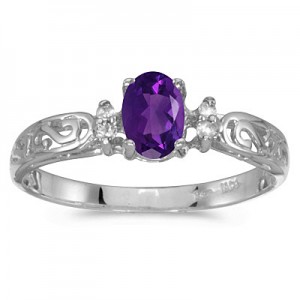 14k White Gold Oval Amethyst And Diamond Filagree Ring