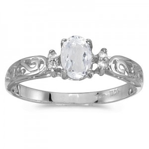 14k White Gold Oval White Topaz And Diamond Filagree Ring