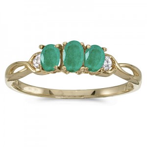 10k Yellow Gold Oval Emerald And Diamond Three Stone Ring