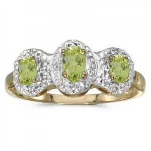 10k Yellow Gold Oval Peridot And Diamond Three Stone Ring