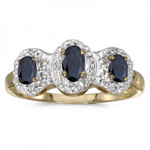 10k Yellow Gold Oval Sapphire And Diamond Three Stone Ring
