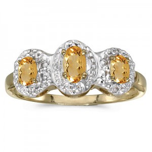 10k Yellow Gold Oval Citrine And Diamond Three Stone Ring