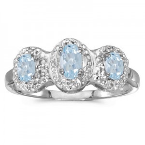 10k White Gold Oval Aquamarine And Diamond Three Stone Ring