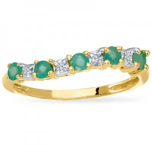 14K Yellow Gold Precious Emerald and Diamond Curved Band Ring