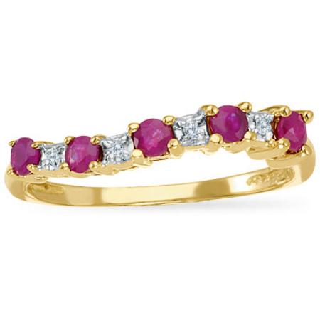 14K Yellow Gold Precious Ruby and Diamond Curved Band Ring