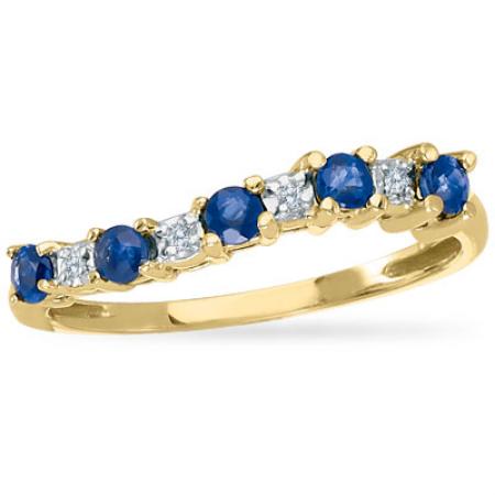 14K Yellow Gold Precious Sapphire and Diamond Curved Band Ring