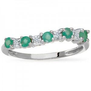 14K White Gold Precious Emerald and Diamond Curved Band Ring