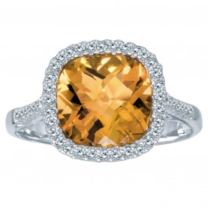 14K White Gold Semi Precious Cushion Citrine and Diamond Fashion Ring
