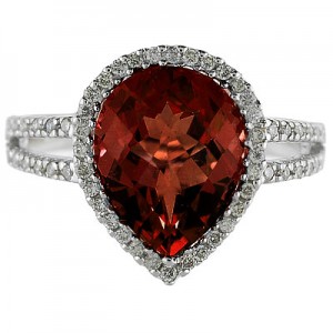 14K White Gold 11X8 mm Pear Garnet and Diamond Ring