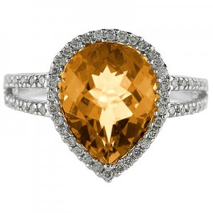 14K White Gold 11X8 mm Pear Citrine and Diamond Ring