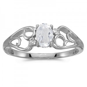 10k White Gold Oval White Topaz And Diamond Ring