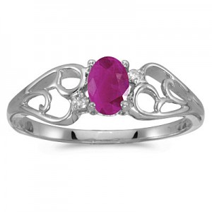 14k White Gold Oval Ruby And Diamond Ring