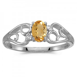 14k White Gold Oval Citrine And Diamond Ring