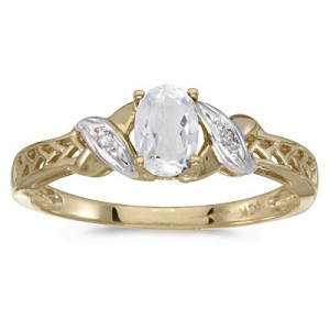 10k Yellow Gold Oval White Topaz And Diamond Ring