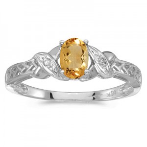 10k White Gold Oval Citrine And Diamond Ring