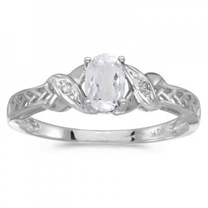14k White Gold Oval White Topaz And Diamond Ring