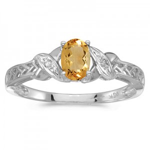 14k White Gold Oval Citrine And Diamond Ring