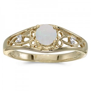10k Yellow Gold Round Opal And Diamond Ring