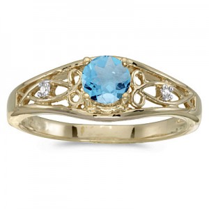 10k Yellow Gold Round Blue Topaz And Diamond Ring