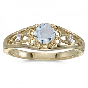 14k Yellow Gold Round Aquamarine And Diamond Ring