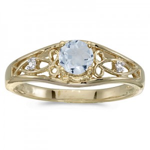 14k Yellow Gold Round Aquamarine And Diamond Ring