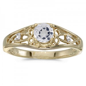 14k Yellow Gold Round White Topaz And Diamond Ring