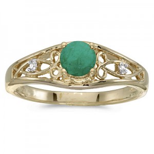 14k Yellow Gold Round Emerald And Diamond Ring