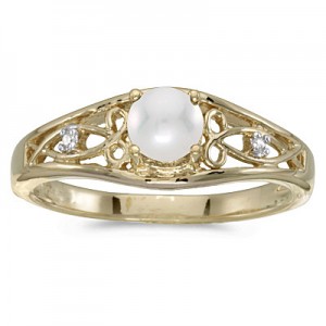 14k Yellow Gold Pearl And Diamond Ring