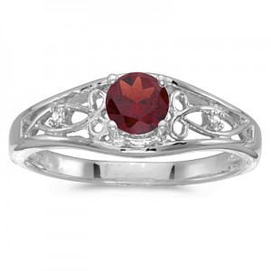 14k White Gold Round Garnet And Diamond Ring