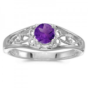 14k White Gold Round Amethyst And Diamond Ring