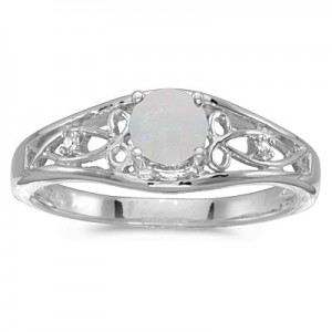 14k White Gold Round Opal And Diamond Ring