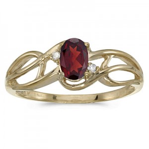 10k Yellow Gold Oval Garnet And Diamond Curve Ring
