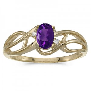 10k Yellow Gold Oval Amethyst And Diamond Curve Ring
