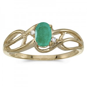 10k Yellow Gold Oval Emerald And Diamond Curve Ring