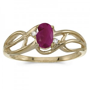 10k Yellow Gold Oval Ruby And Diamond Curve Ring
