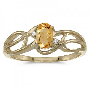 10k Yellow Gold Oval Citrine And Diamond Curve Ring