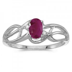 14k White Gold Oval Ruby And Diamond Curve Ring