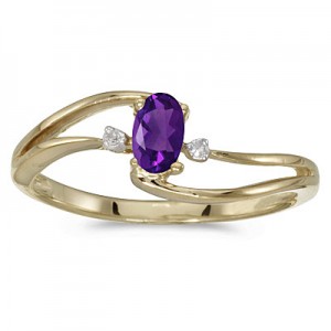 10k Yellow Gold Oval Amethyst And Diamond Wave Ring