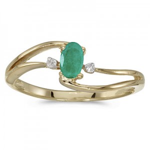 10k Yellow Gold Oval Emerald And Diamond Wave Ring