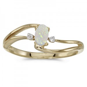 10k Yellow Gold Oval Opal And Diamond Wave Ring