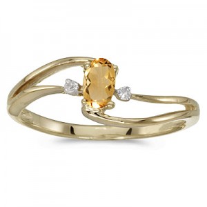 10k Yellow Gold Oval Citrine And Diamond Wave Ring