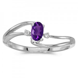 10k White Gold Oval Amethyst And Diamond Wave Ring