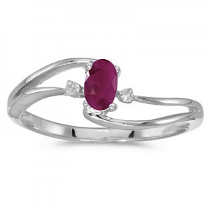 10k White Gold Oval Ruby And Diamond Wave Ring